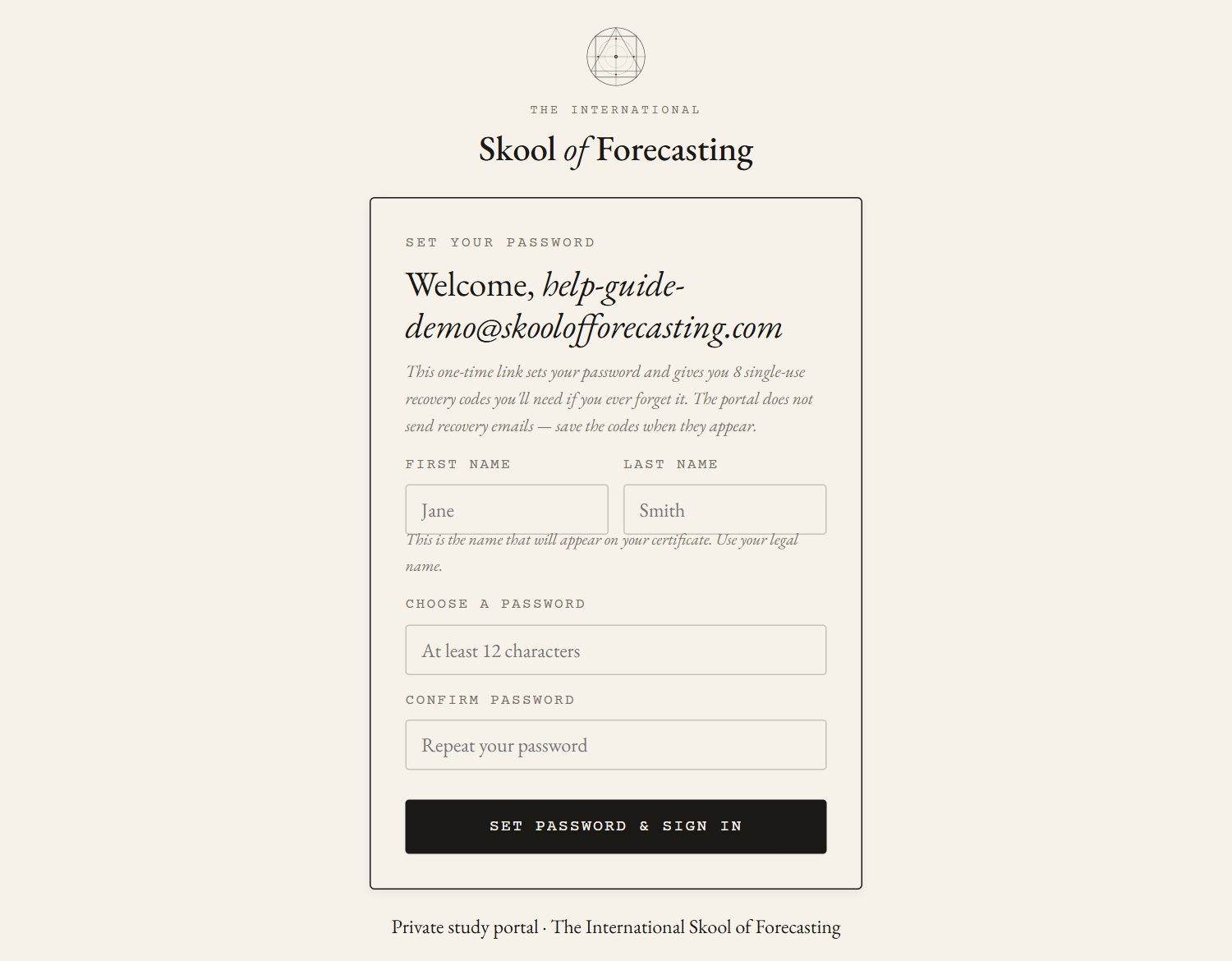 The activation page: first name, last name, and password fields.