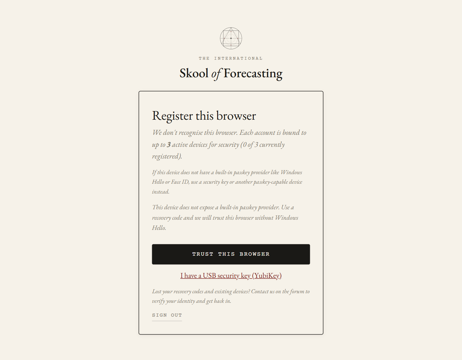 The Register this browser page, offering a passkey, a USB security key, or a recovery code.