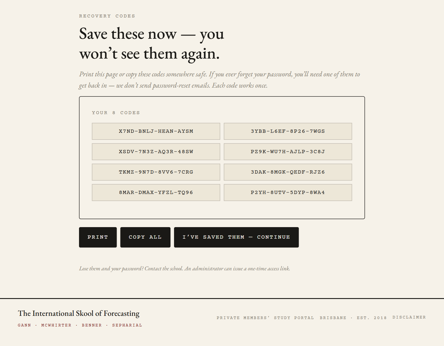 The recovery codes page showing 8 one-time codes with Print and Copy All buttons.