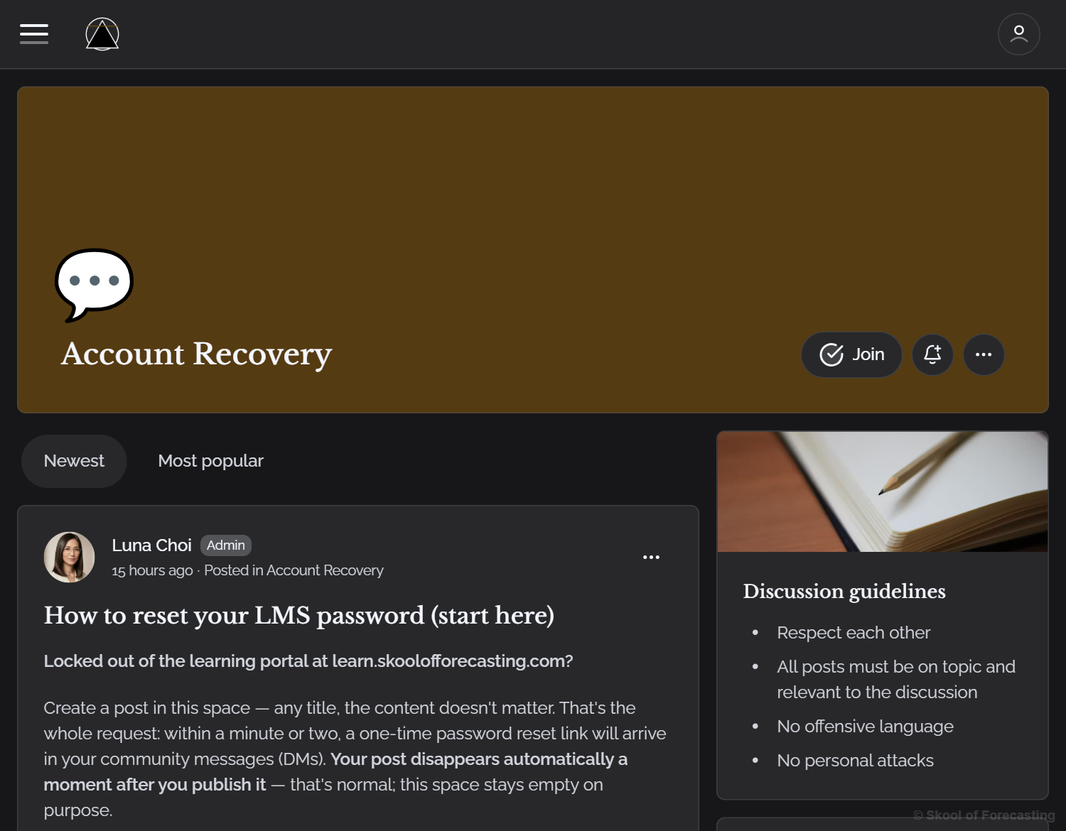 The Account Recovery space in the members community, with the pinned instructions post.